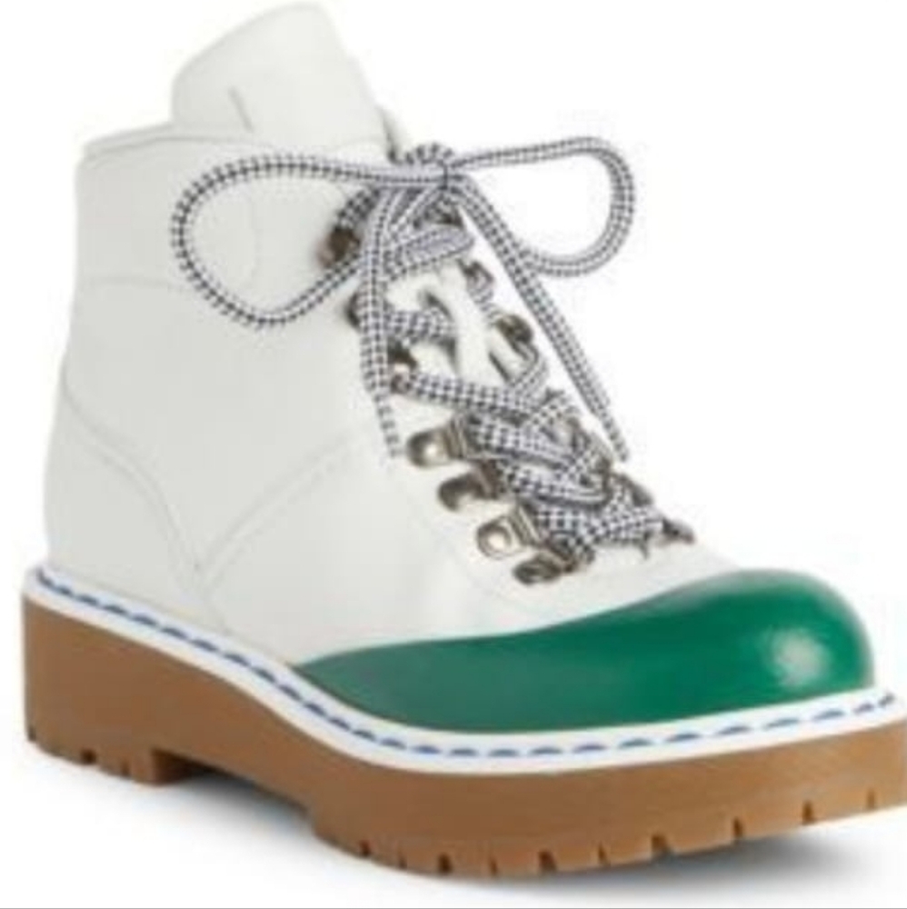 Prada White / Emerald Green Colorblock Leather Lace-Up Hiking Boots